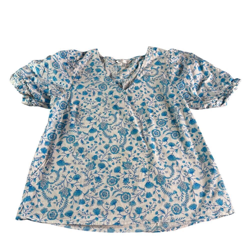 Draper James Shirt Womens Size Medium Blue/White Floral Blouse Puffed Sleeve